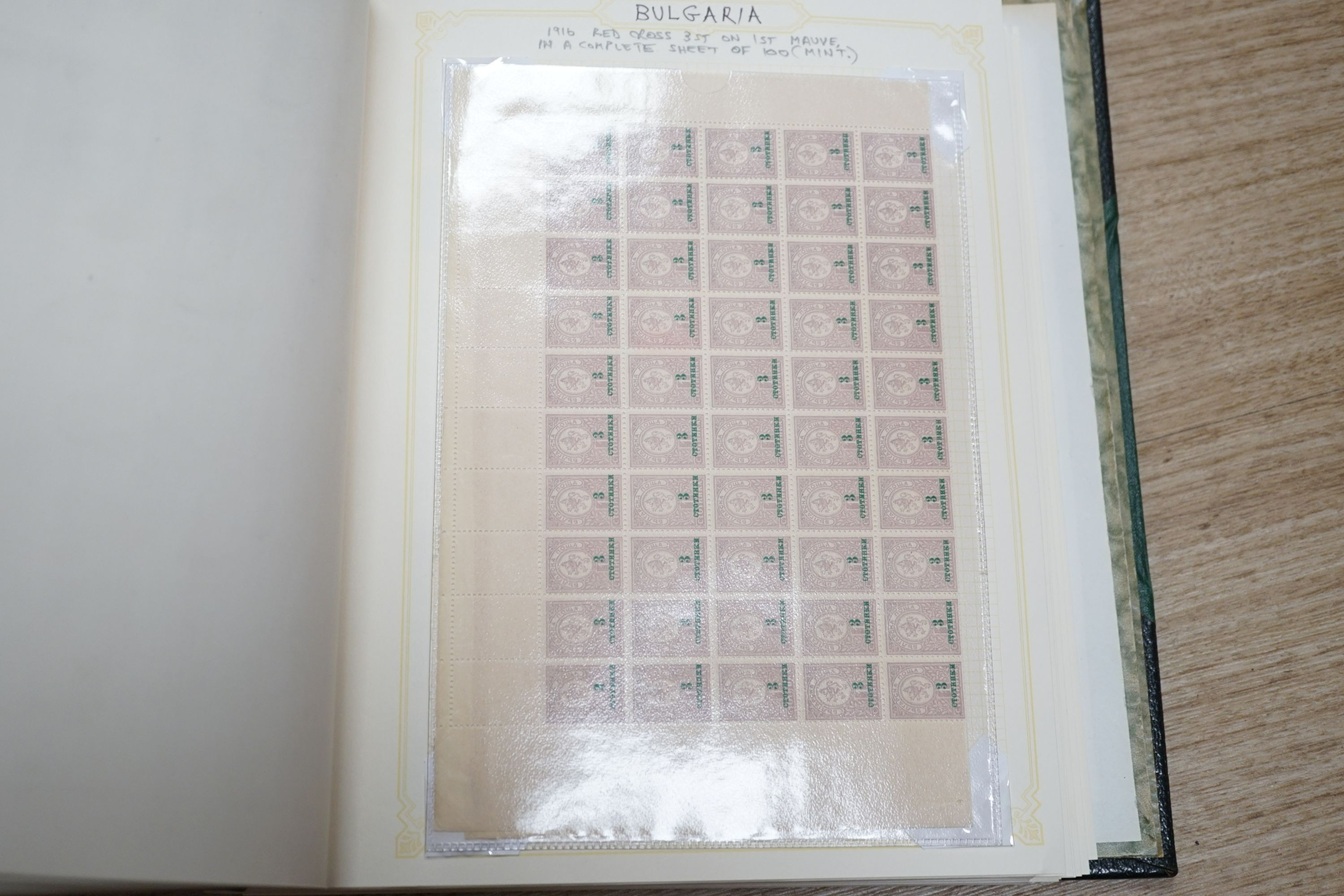 Album world stamps with Bechuanaland 1932 set - 10sh. mint, Bermuda, Falkland Is. 1938 set - £1 mint, G.B. 1d reds, Leeward Is. 1890- 5sh. mint, Swaziland 1933 set -10sh. mint, Virgin Is. German Colonies